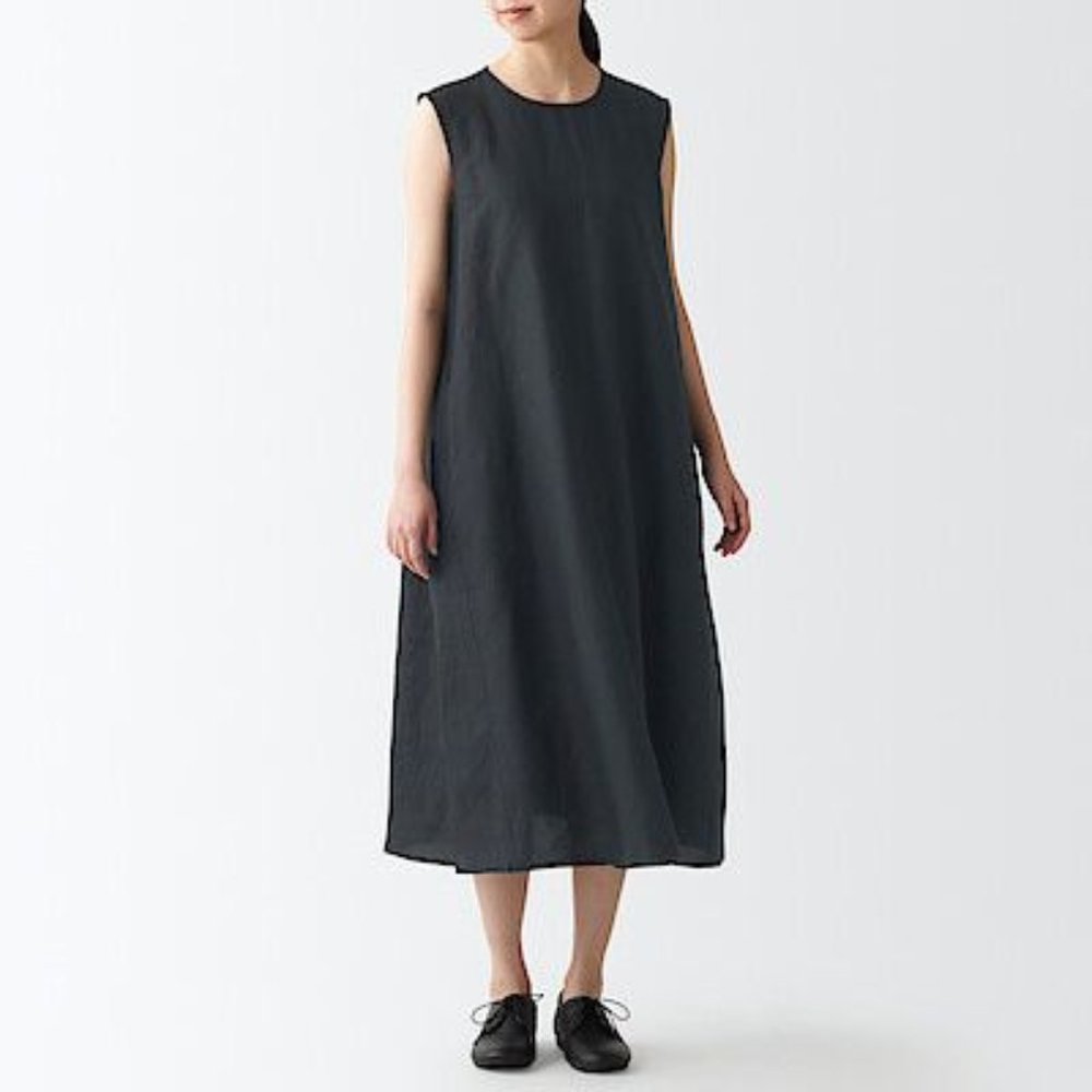 MUJI WOMEN'S FRENCH LINEN SLEEVELESS DRESS BLACK - SIZE XS-S